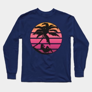 Pink Synth Inspired Beach Sunrise Silhouette Long Sleeve T-Shirt